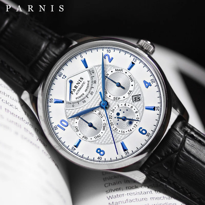 

Parnis 43mm Silver Case Automatic Men New Watch Power Reserve Leather Strap Men Mechanical Miyota 9100 Watches reloj hombre 2024