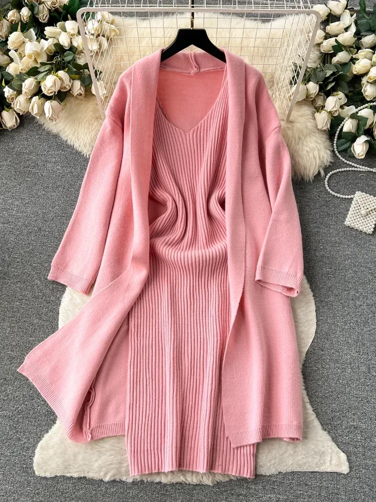 Autumn New Korean Style Fashion 2 Piece Set Women Strap Knit Dress + Loose Long Cardigan Female Thick Warm Sweater Knitted Suits