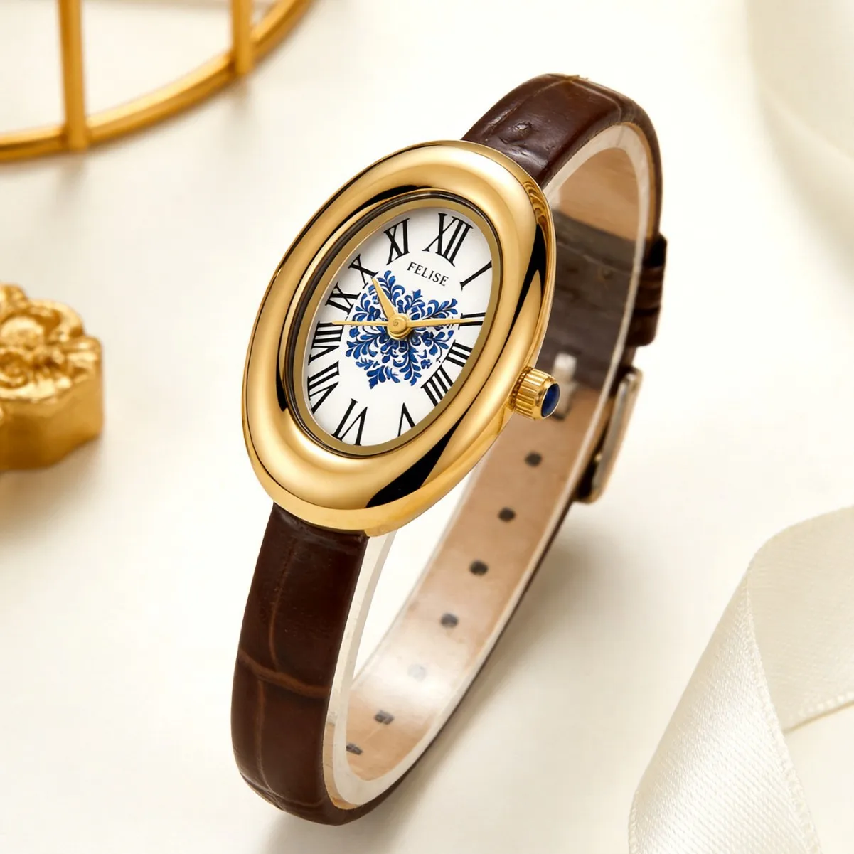 KAIRIS Women's Quartz Watch Black Leather Strap Oval Roman Numeral Dial Blue Floral Elegant Wristwatch