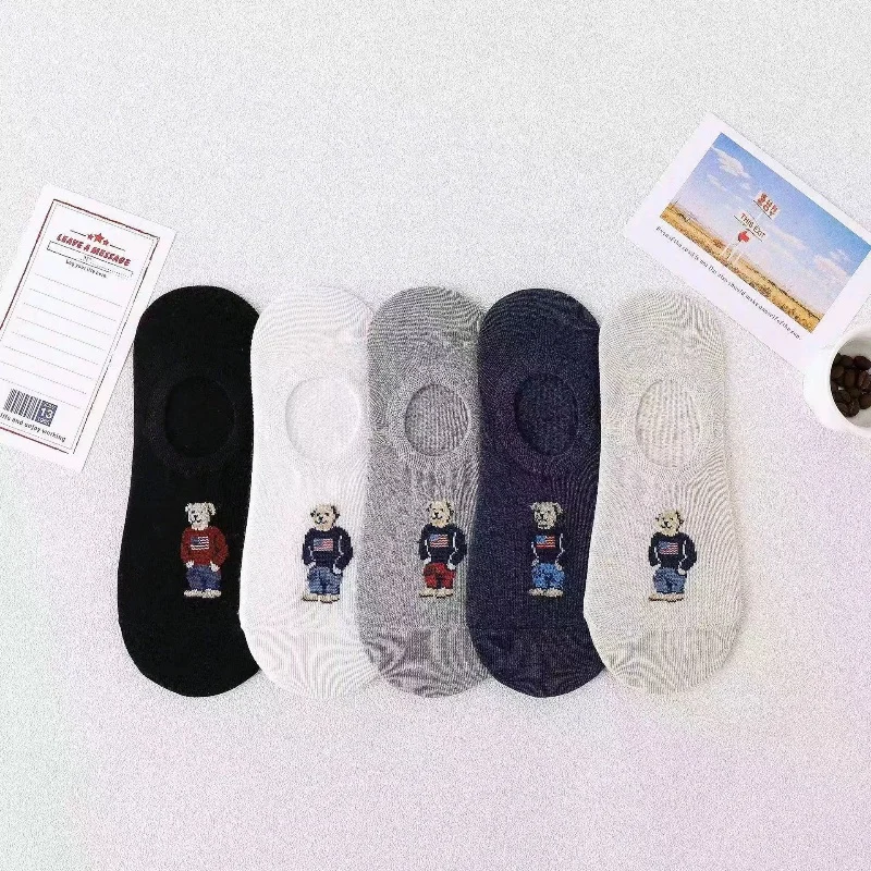 Spring Summer Seasonal Fashion Men Boat Socks Cartoon Bear Xia Qiu Non slip Invisible Silicone Cotton Ankle Slippers Socks Retro