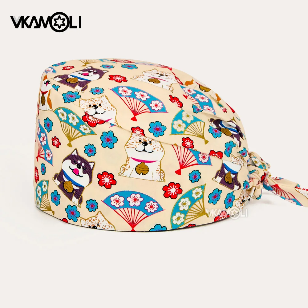 Cartoon Anime Print Pet Shop Scrub Cap Absorberen Zweet Verstelbare Verpleging Hoeden Vrouwen Mannen Schoonheidssalon Stofkap Verpleegkundige Accessoires