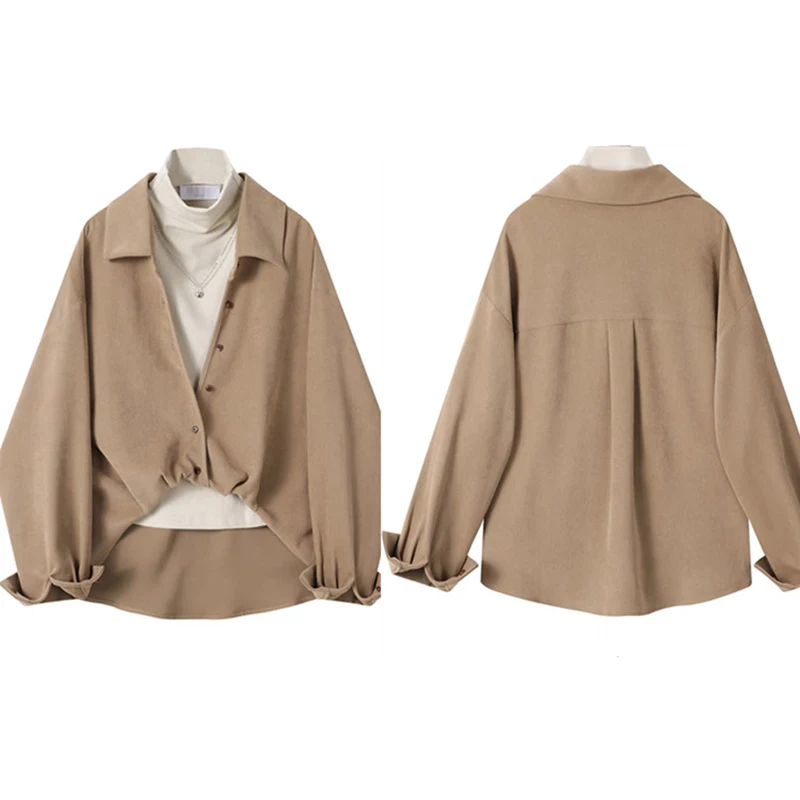 QOERLIN قطعتين ريترو كم طويل قميص مجموعة لخريف شتاء سميكة نحى بلوزة صوف مكتب سيدة أنيقة شيك بلوزة