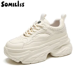 SOMILISS Womens Chunky Platform Sneakers Genuine Leather Microfiber Leather Patchwork Ladies Autumn Fashion Casual Sneaker Shoes