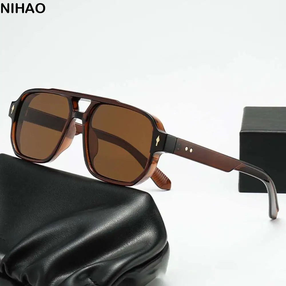 

New Retro Double Beam Sunnies HD PC Unisex Polarized Sunglasses Lightweight Square Frame Anti-UV Glasses Outdoor