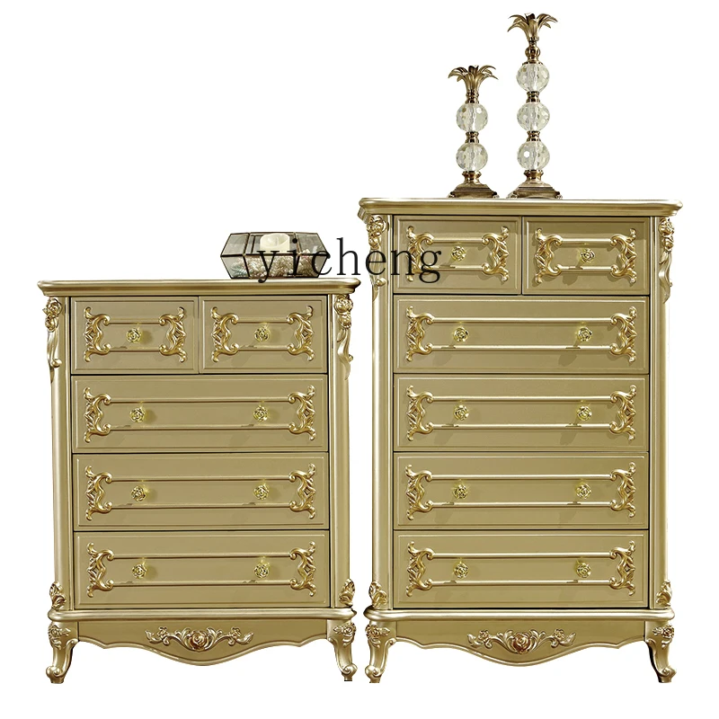 ZC Living Room Chest of Drawers Luxury Five Chest of Six Drawers Bedroom Carved Champagne Gold Drawer Storage Side Cabinet