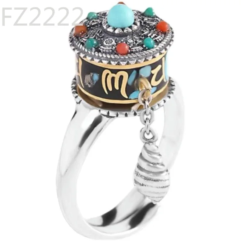 Retro ethnic six-character mantra prayer wheel ring, original design for men and women, couple opening Thai silver ring