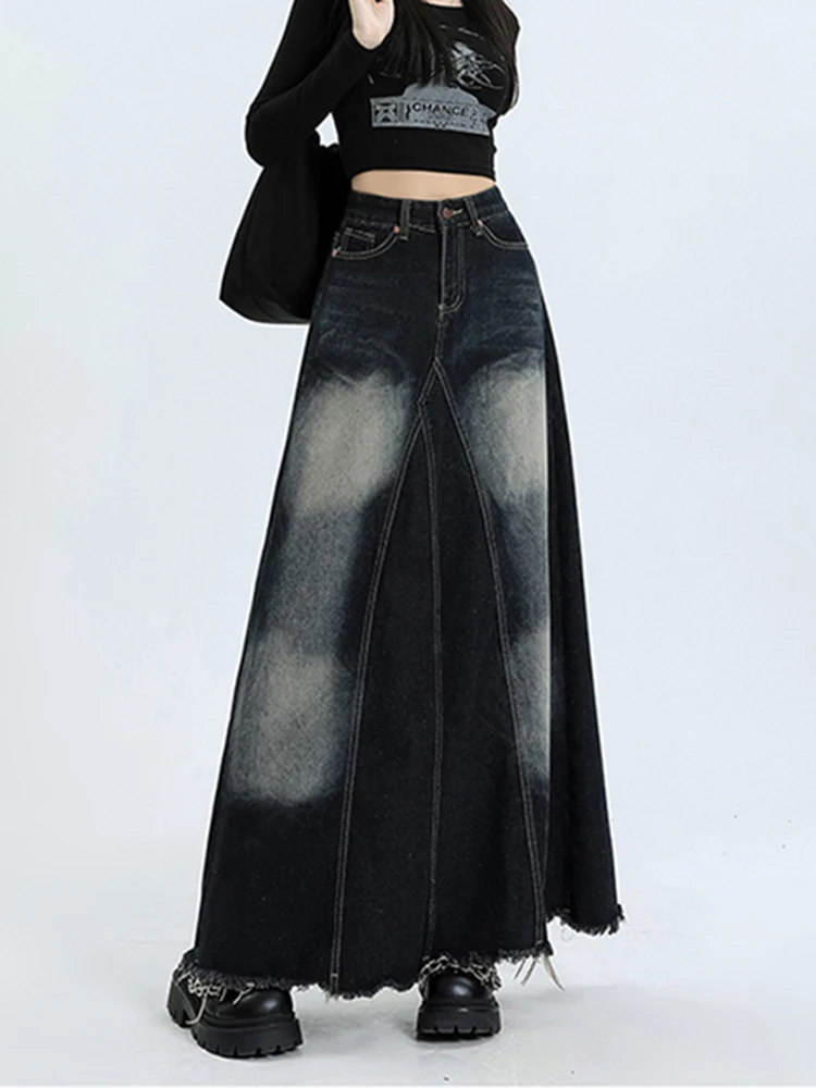 

Gothic Y2K Ripped Denim Skirt Long High Waist Loose Casual Big Hem Jeans Skirts Vintage Maxi Skirts Streetwear Black Outfit Girl