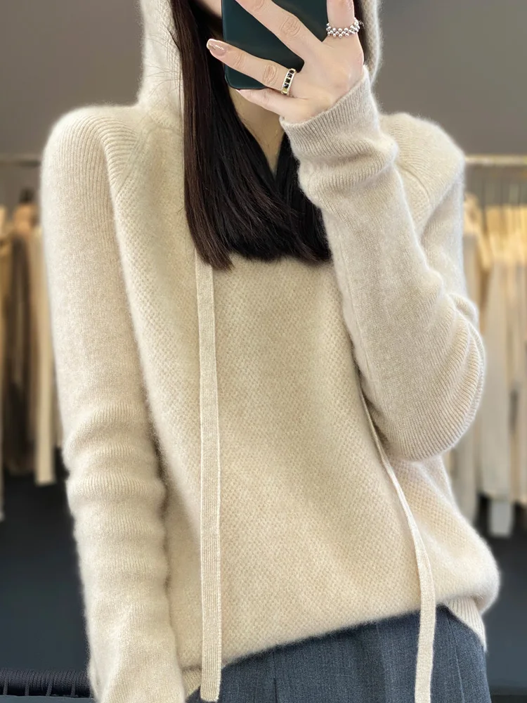 Autumn Winter Women’s Cashmere Hooded Pullover Thick Sweater Raglan Sleeve 100% Merino Wool Knitwear Warm Casual Comfortable Top