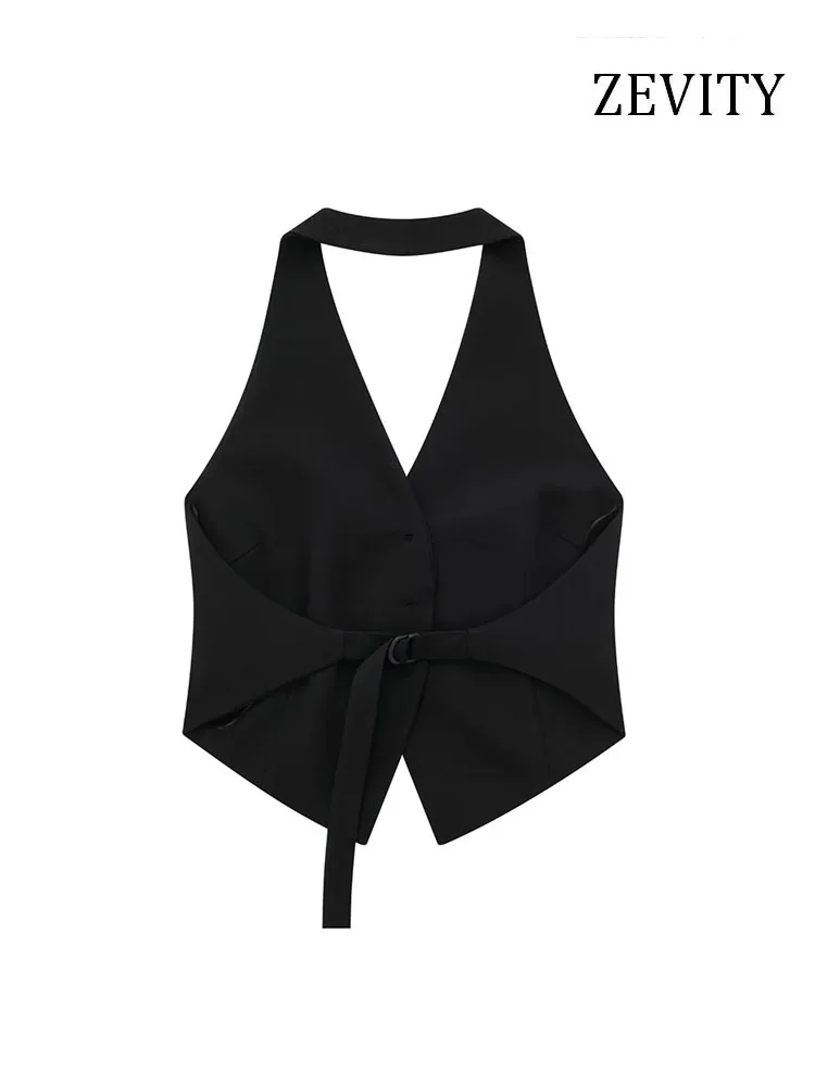 ZEVITY Women Fashion Backless Halter Neck Waistcoat Sexy Sleeveless Button-up Female Outerwear Chic Vest Tops CT5243