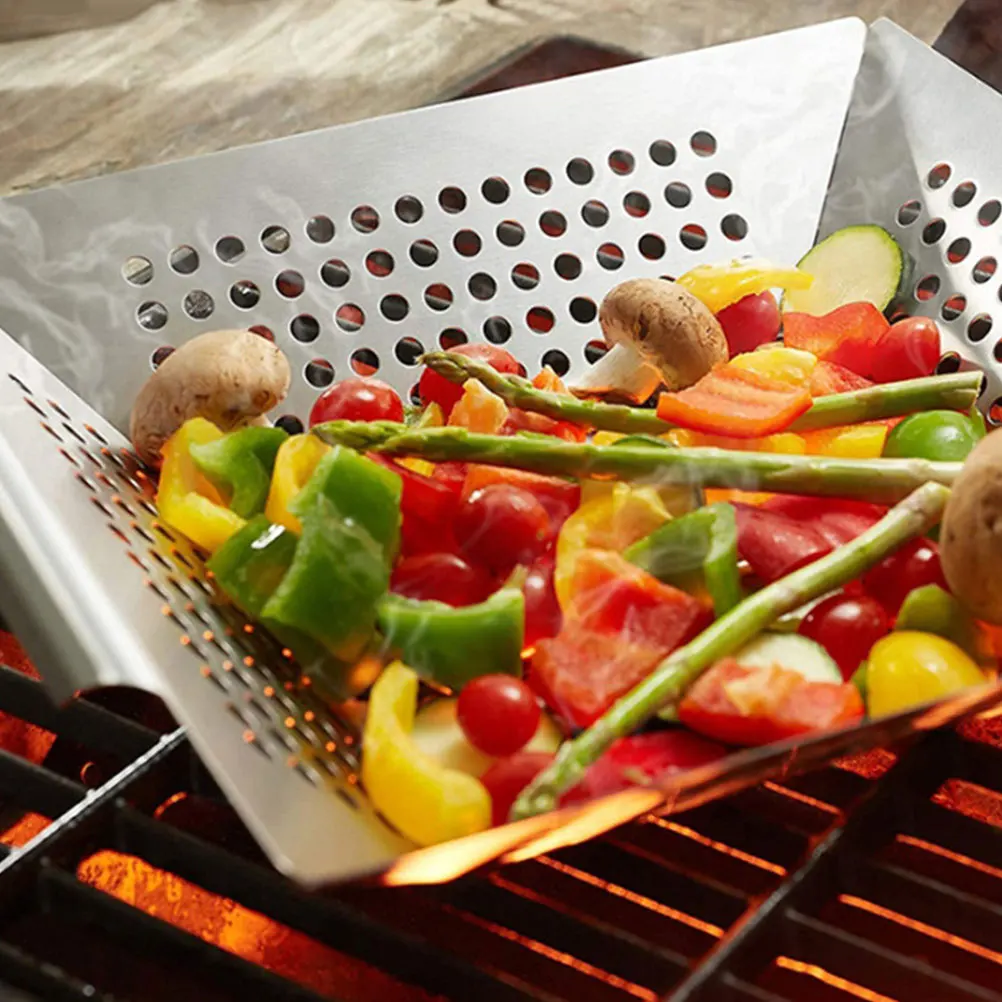

Stainless Steel BBQ Grill Pan Double Handle Camping Accessories Reusable Cooking Tray Grilling Fish Meat Outdoor