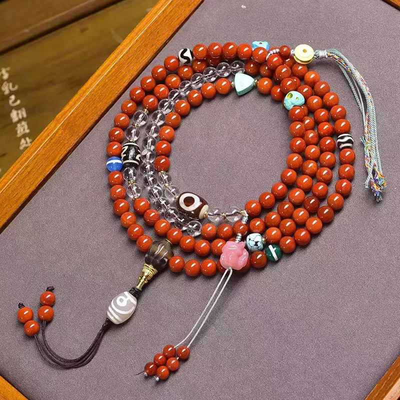 Natural Xizhou Long Chain Pendant with Tiger Tooth Two-Eyed Dzi Bead, Agate Three-Way Connector, Turquoise, and White Crys