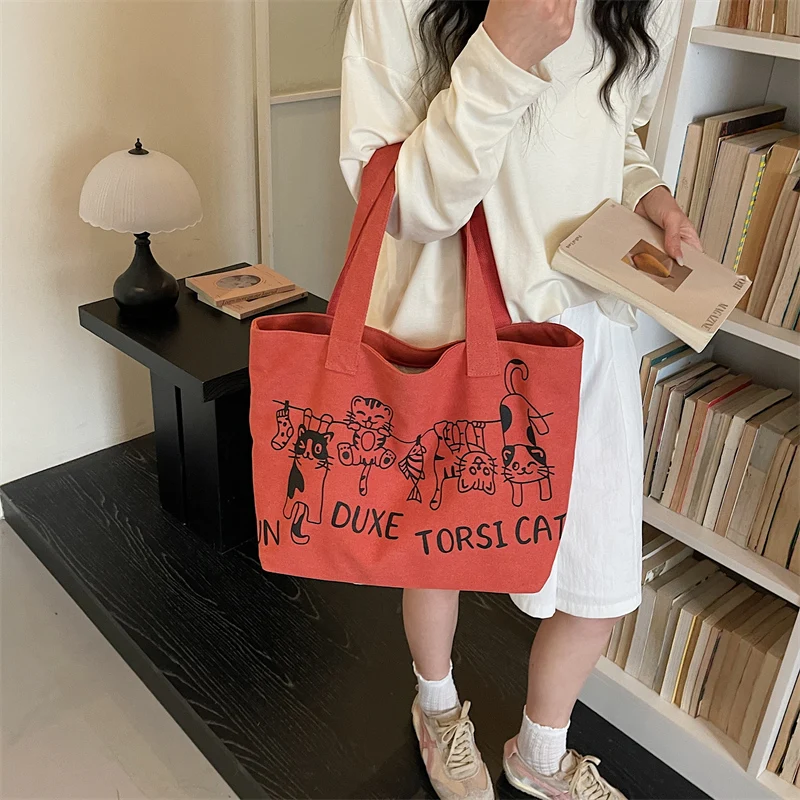 

Women's Cute Cat Print Canvas Tote Bag, Large Capacity Casual Shoulder Bag for School & Travel