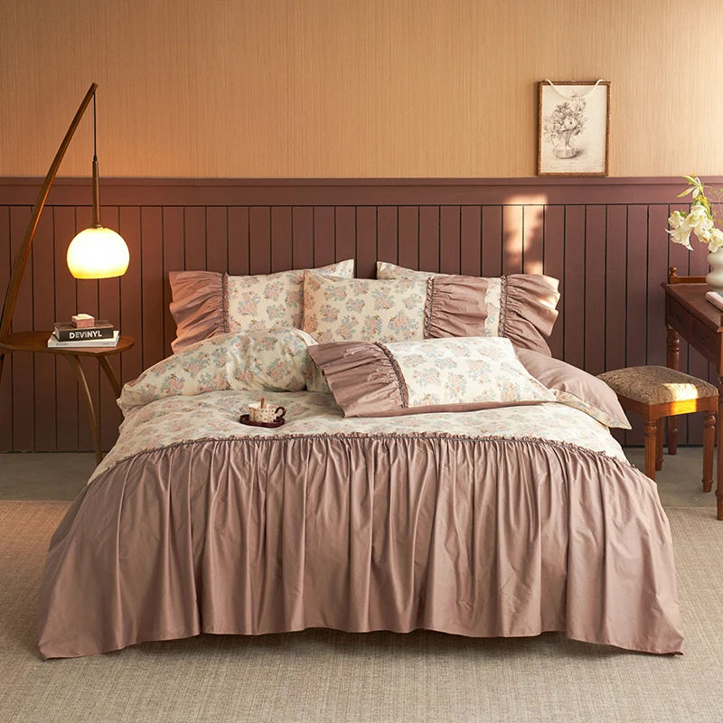 

4Pcs Vintage French Floral Large Ruffle Patchwork 100% Cotton Bedding Set Duvet Cover Set Bed Sheet/Fitted Sheet Pillowcases