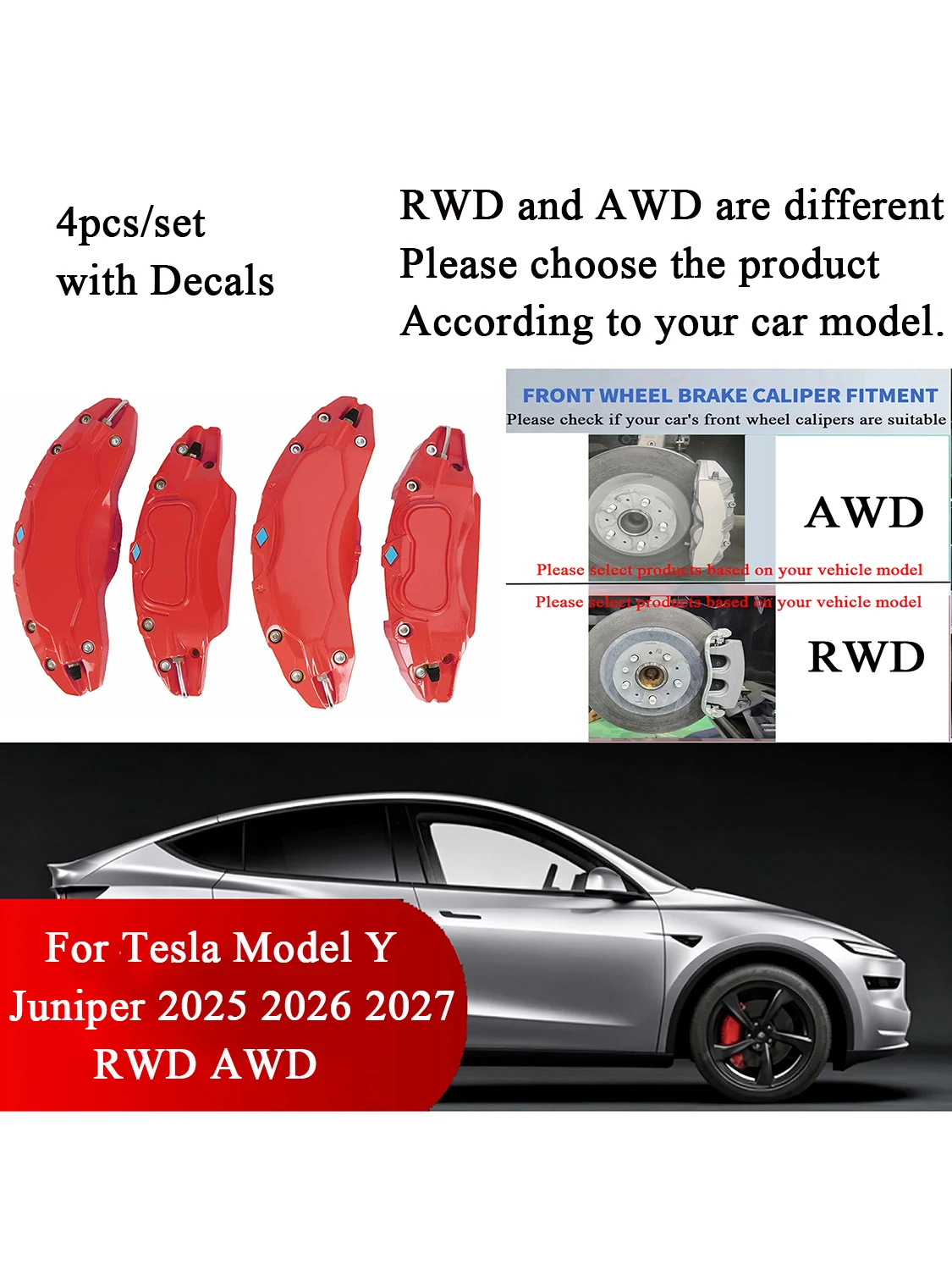 Pasuje do Tesla Model Y Juniper 2025 2026 Akcesoria RWD AWD Osłony Zacisków Hamulcowych 4 szt./zestaw Tylna Napędzana na Wszystkie Koła 18 19 20-calowe Koła — 2