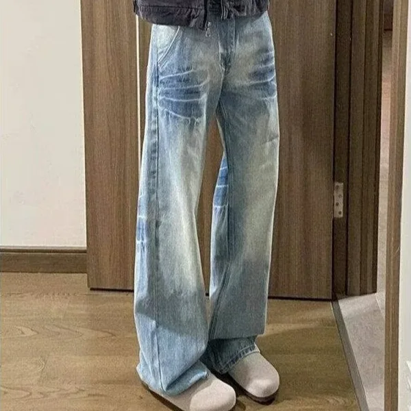 Washed Blue Straight Jeans Men's American High Street Vibe Pants Scimitar Slightly Pull Trousers