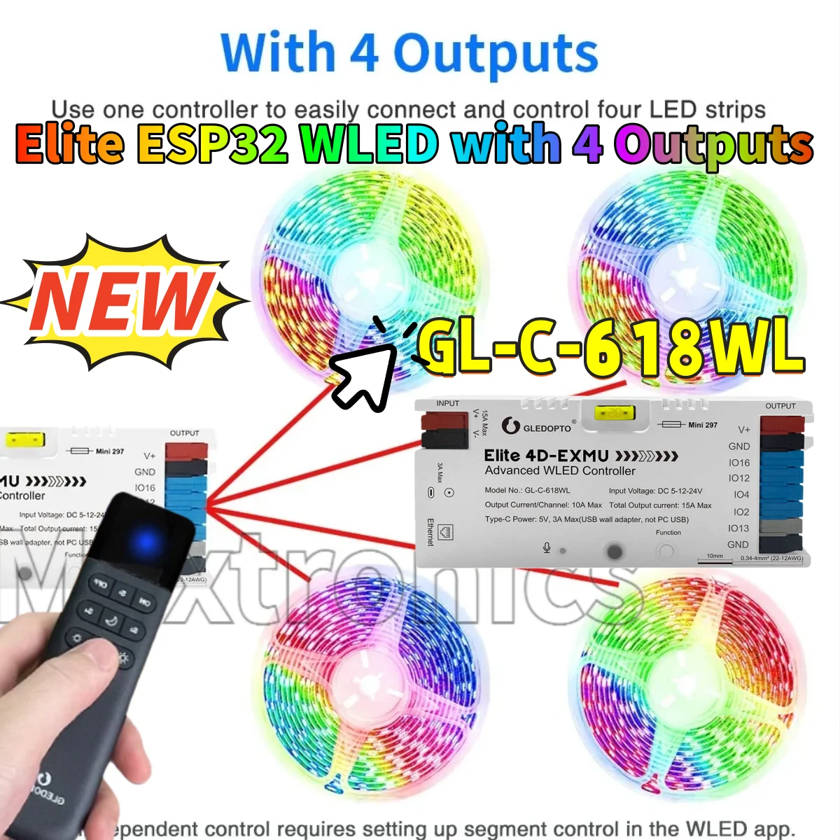 NEW GL-C-618WL ESP32 WLED LED Controller with 4 Outputs Ethernet Microphone UART for WS2811 WS2812 RGB Digital LED Strip Lights