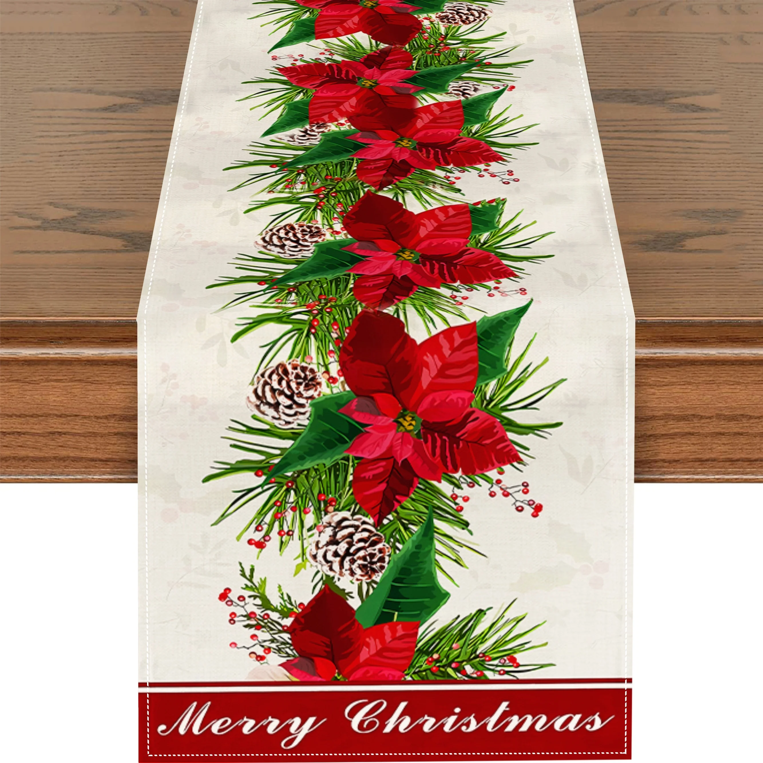 Merry Christmas Poinsettia Pinecone Linen Table Runner Party Decor Winter Holly Berry Dining Table Runners Christmas Decorations