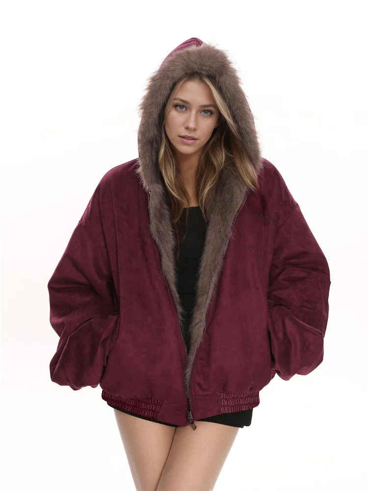 

Burgundy Faux Fur Lined Hooded Coat Women Fashion Full Sleeve Plush Lining Loose Short Jacket 2025 Lady Warm Highstreet Outwear
