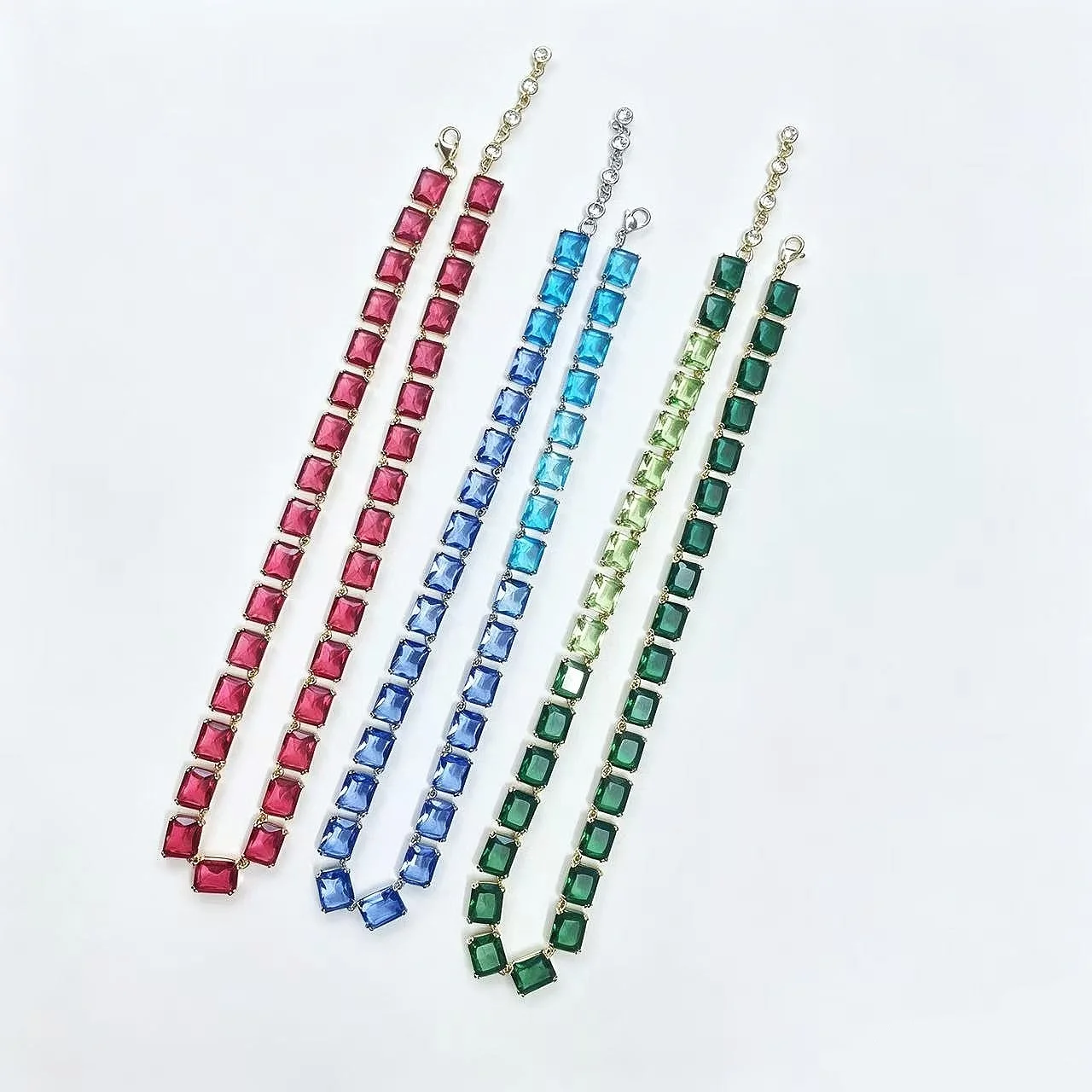 Fashion Rainbow Rhinestone Tennis Necklace Women Rectangular Gold Plated Crystal Chain Party Wedding Jewelry Gift