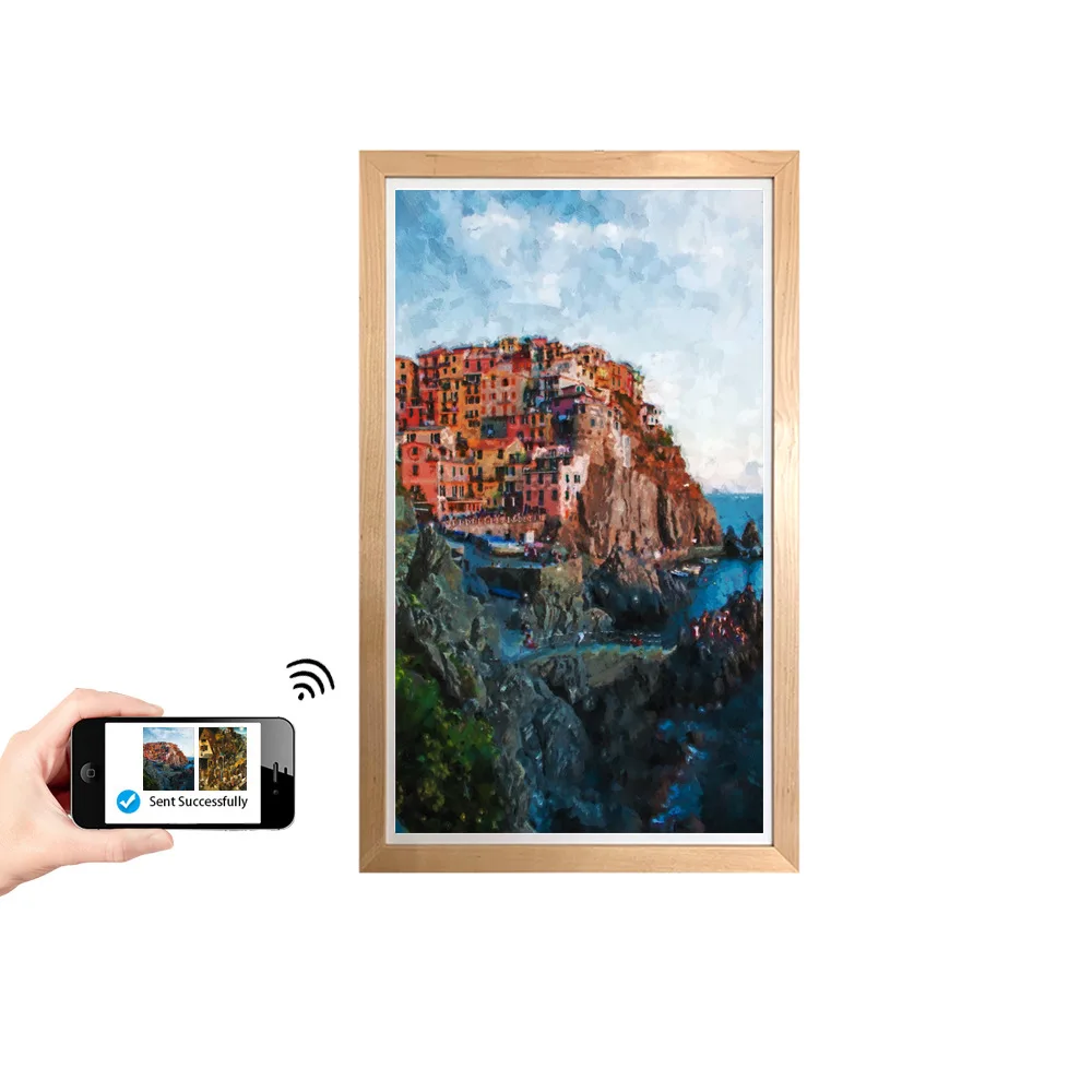

UHD 65" Inch Large LCD LED Digital Video Photo Frame with Wood Frame for NFT Advertising Display with Wooden Frame
