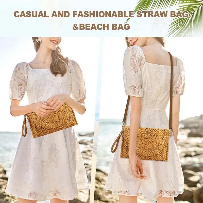 Straw Clutches Beach Bag For Women Summer Crossbody Straw Bag With Bag Strap Rural Style Woven Shoulder Bag Casual Purse Wallets