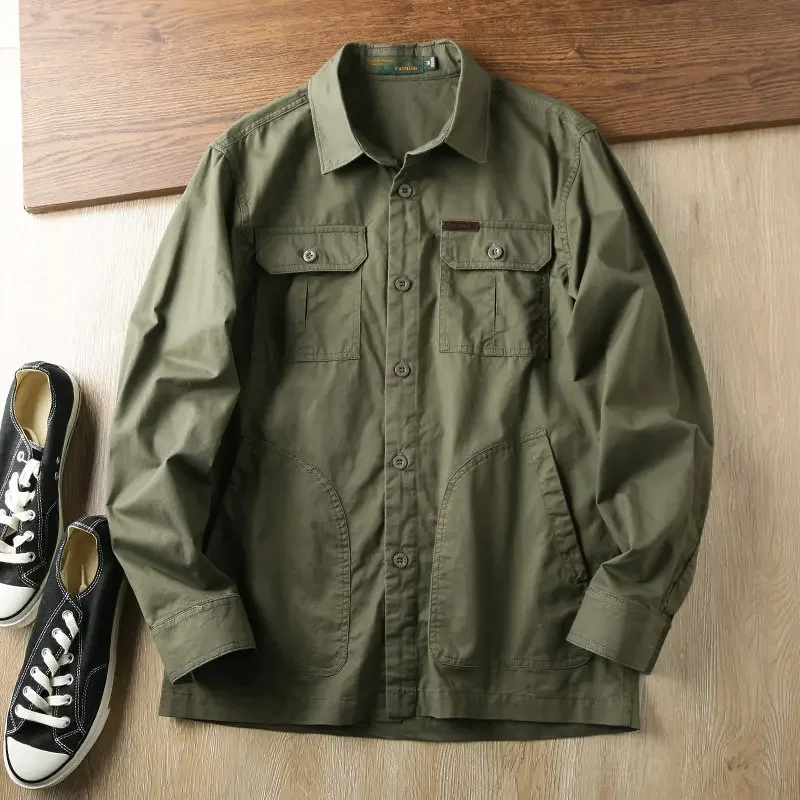 

There are large sizes! Pure cotton washed! Men's clothing label cutting casual multi-pocket tooling shirt top jacket