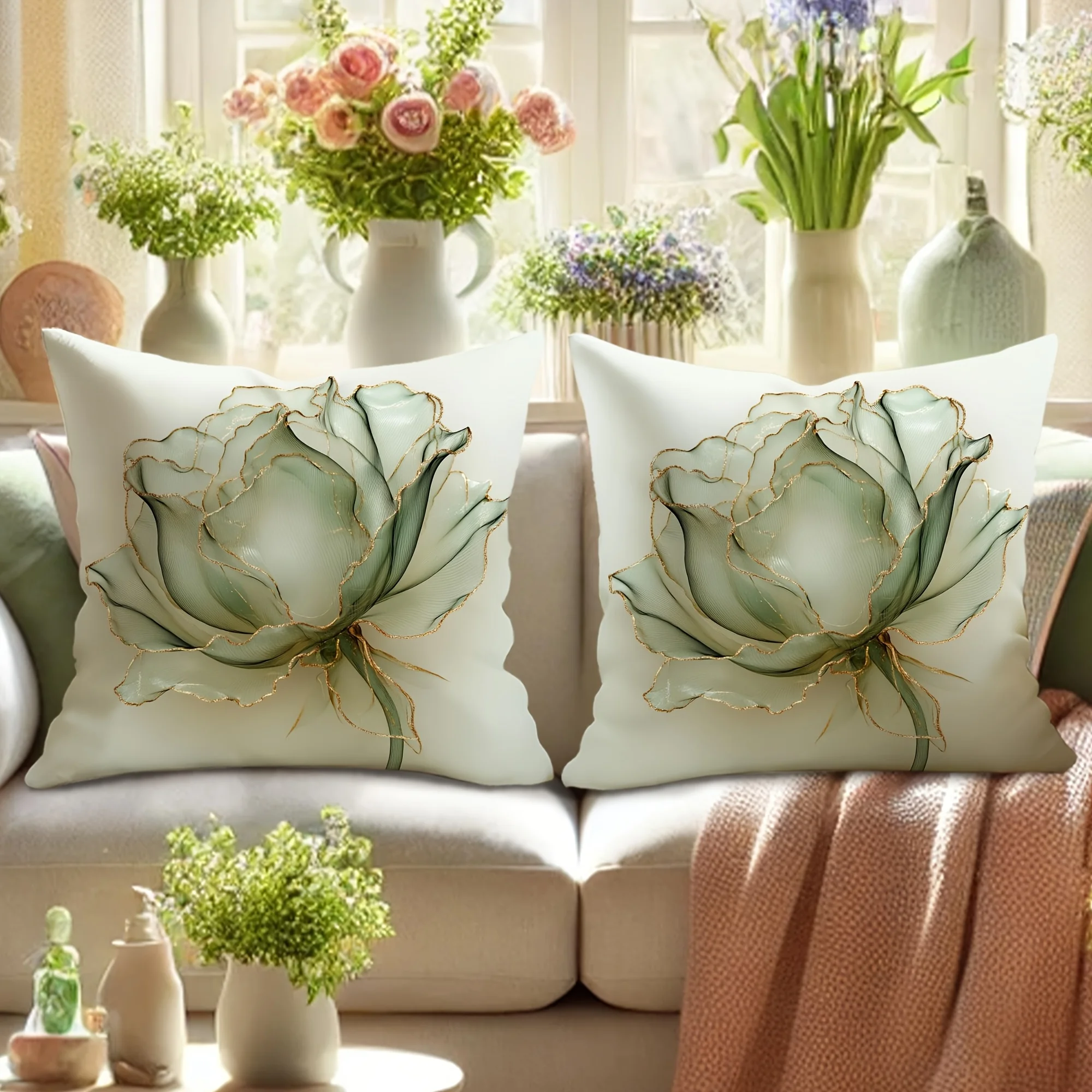 2 Stück Elegante Blumen-Kissenbezüge - Salbeigrünes Rosendesign, Doppelseitige Frühlings-Dekokissen für Sofa & Bett