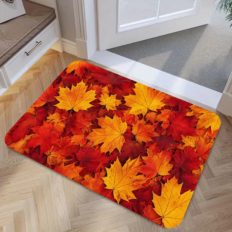 Vibrant Autumn Orange Red Maple Leaf Full Print Non Slip Seasonal Doormat Farmhouse Fall Harvest Front Rug