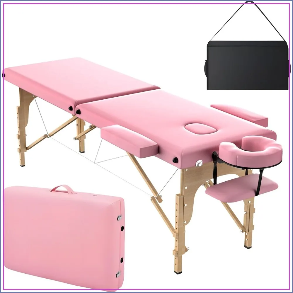 Portable Massage Table 84x24 2-Fold Bed for Salon SPA Tattoo Facial Lash, Height Adjustable, Pink