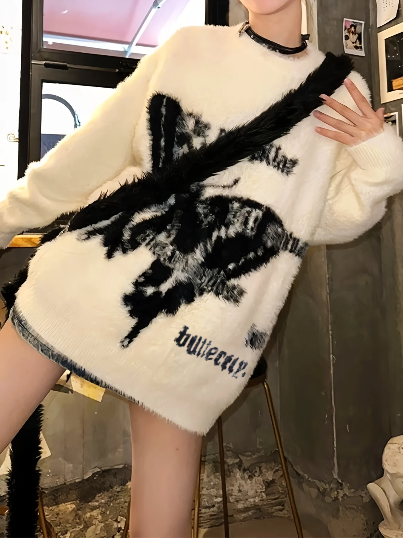 Women\'s Vintage Butterfly Jacquard Furry Pullover Sweaters 90\'s Gothic Fashion Contrast Knit Sweater Pullover Top