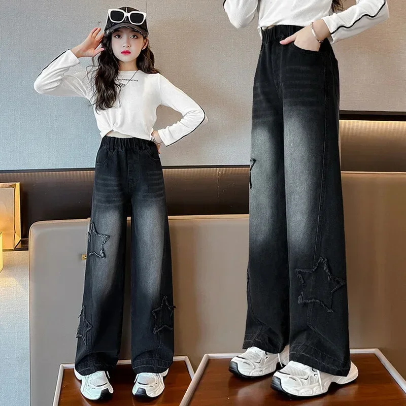 Teenage Girl Retro High Waisted Wide Leg Straight Jeans With Star Pattern For Kids Baby New Causal Denim Pants Girl Trousers