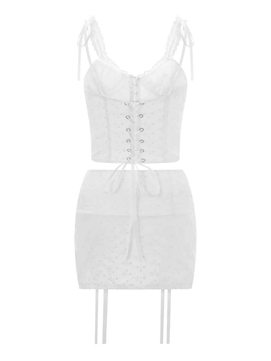 Y2k Set Rok 2 Potong Pakaian 2 Potong Renda Wanita Atasan Crop Tali Spaghetti Tanpa Lengan dan Rok Mini Bodycon