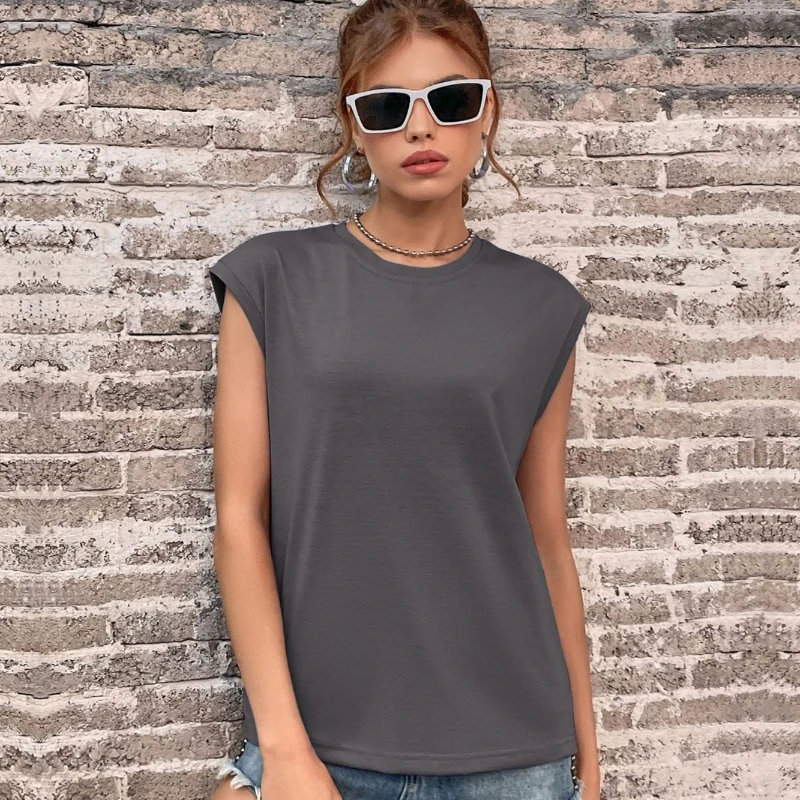 Summer Vest Round Neck Solid Color Right Angled Shoulder Top Short Sleeved T-shirt