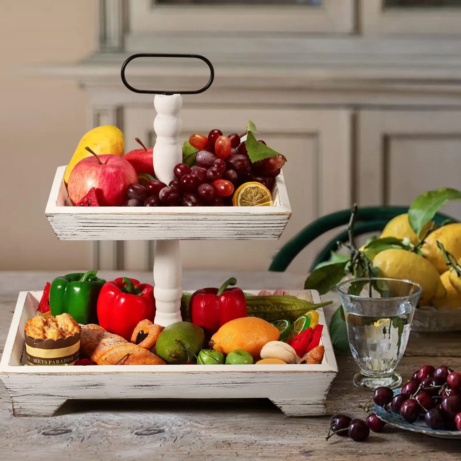 

Двухъярусная подставка для подноса, деревянная многоуровневая подставка для дисплея с металлической ручкой, прямоугольный держатель для дисплея для дома, кухонного стола, центральная часть