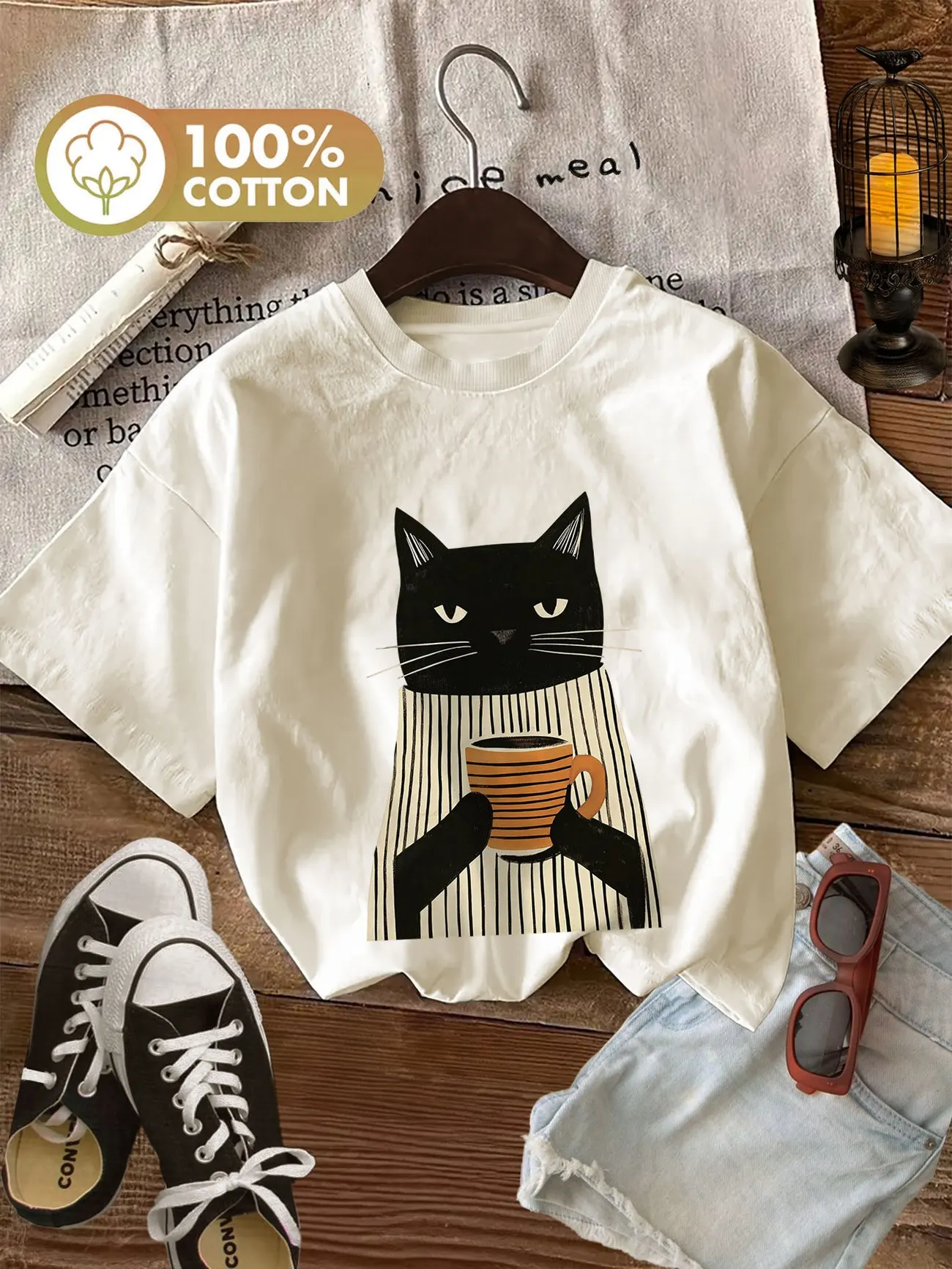 Cute Black Cat with Coffee 100% Cotton Women's T-Shirt Soft Crew Neck Short Sleeve Top Tee Shirt Oversized Funny Female Trendy