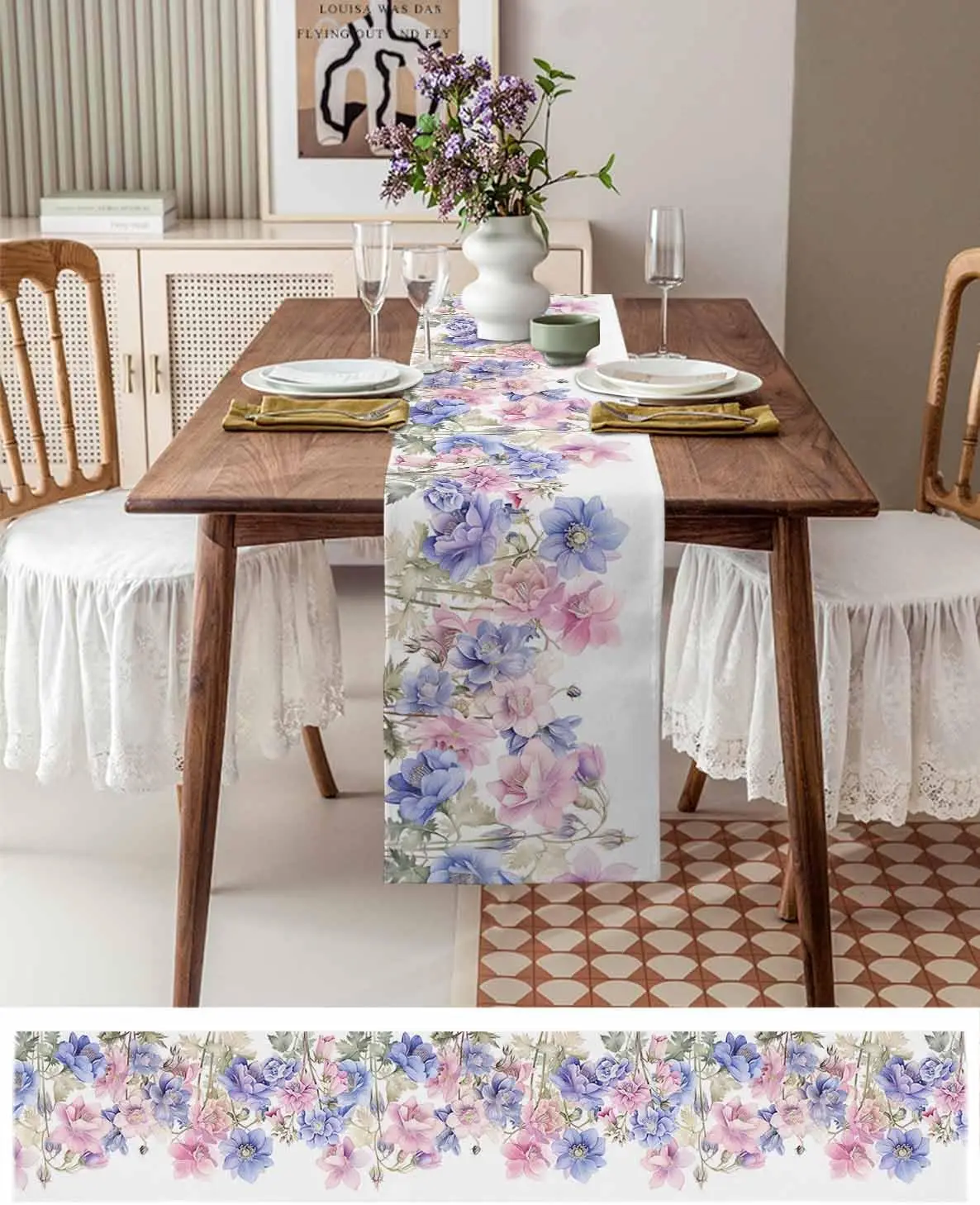 Spring Pink Blue Flowers Linen Table Runner Dresser Scarf Decor Summer Floral Botanical Table Runners Holiday Wdding Party Decor