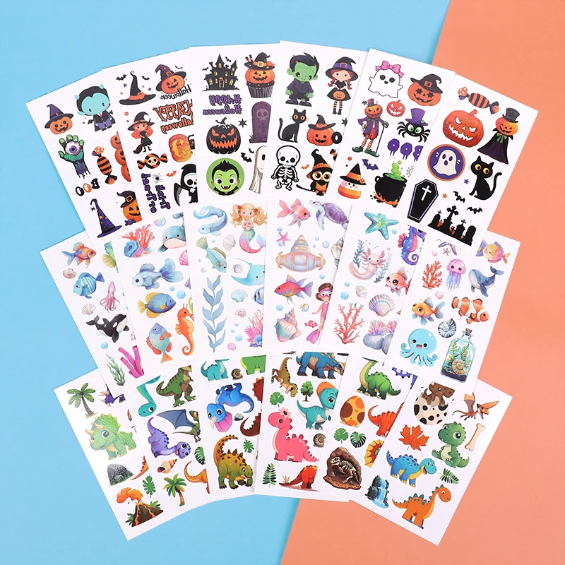 10pcs Cartoon Disposable Tattoo Dinosaur Football Traffic Ocean Halloween Stickers Temporary Art Supplies Birthday Party Decor