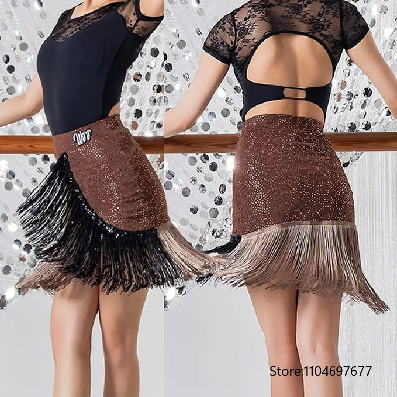 Female Dark Gold Polka Dot Asymmetrical Contrast Color Fringe Latin Dance Skirt Professional Tassels Dance Wear