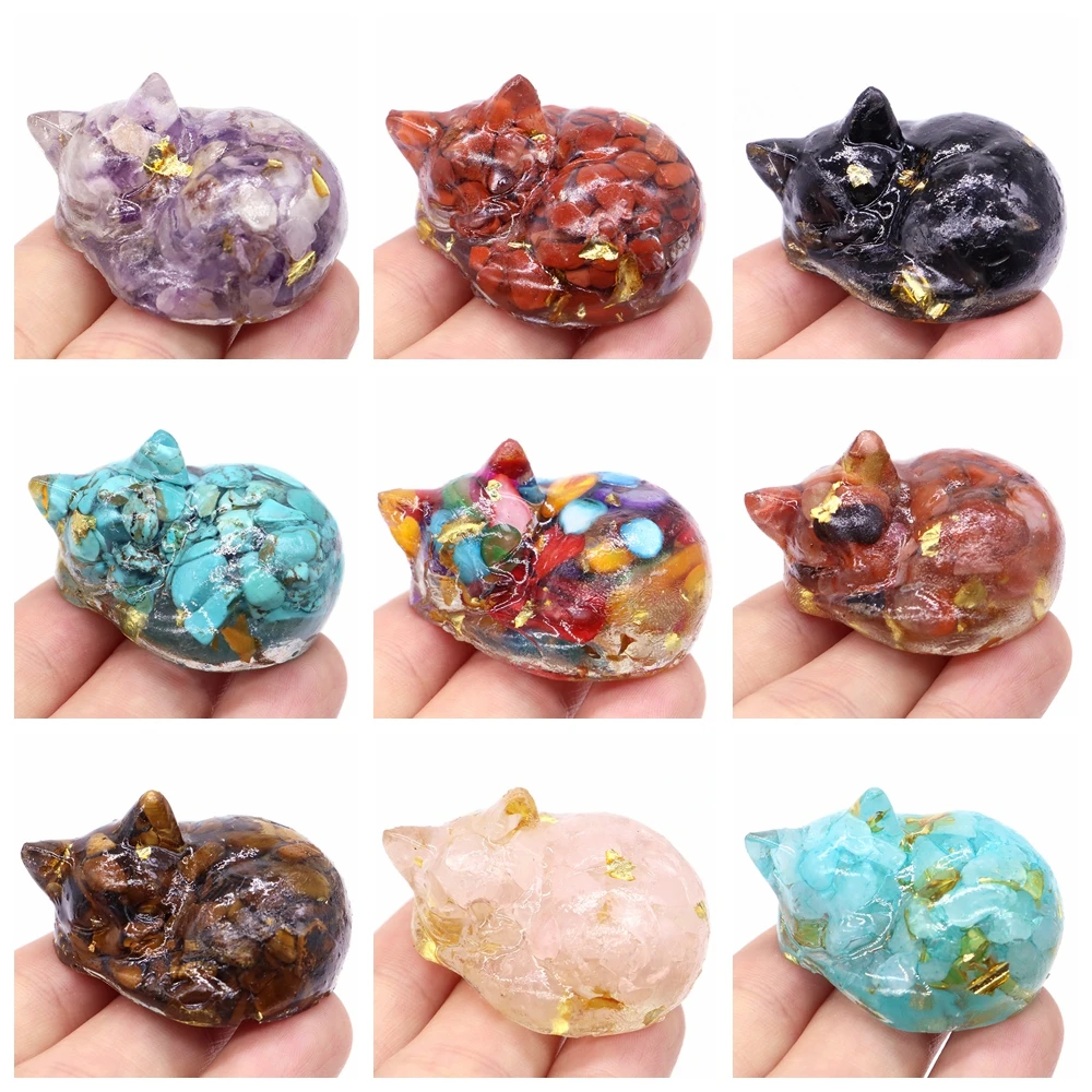 Natural Gravel Stone Resin Sleepping Cat Statue Healing Crystal Kitten Animal Figurine Room Mineral Home Decor Christmas Gift