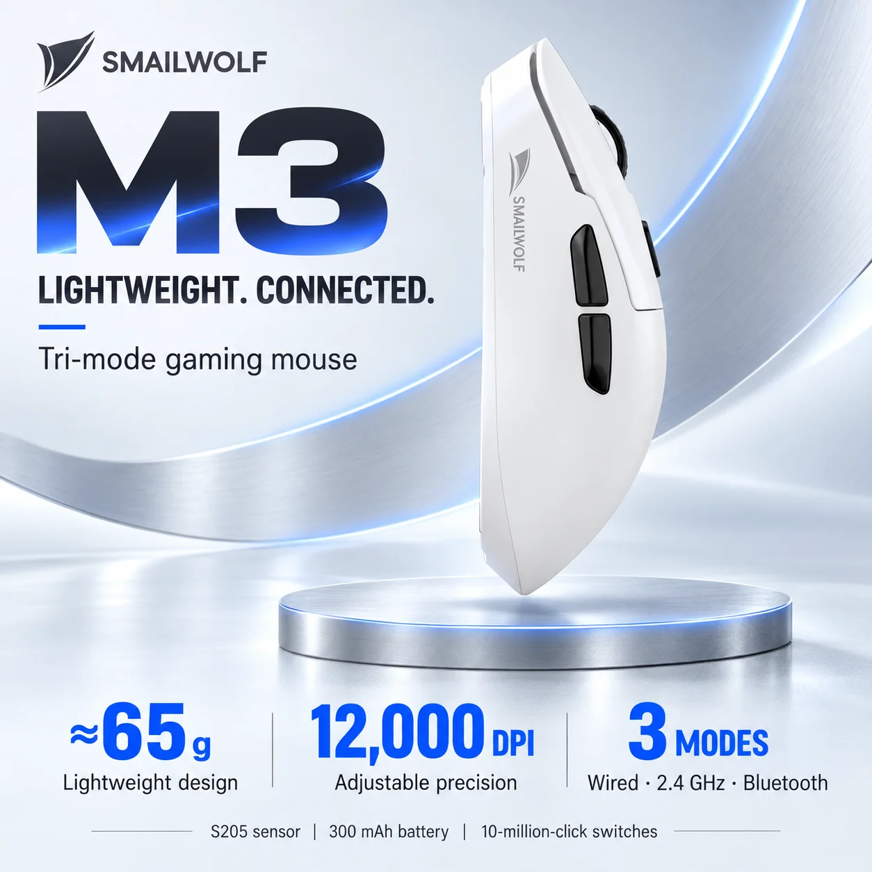 SMAILWOLF M3 Ergonomic Gaming Mouse Tri-Mode PAW3311 Optical Sensor 12000 DPI 1000Hz Lightweight Design for PC Laptop Gamer