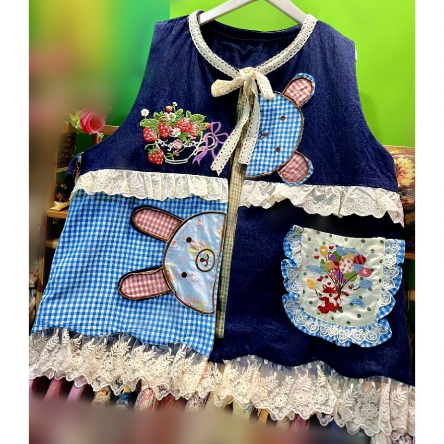 

Осенний хлопковый джинсовый лоскутный клетчатый кружевной жилет с вышивкой для женщин, 2025 г., винтажный жилет в стиле Лолиты, милый кавайный жилет Goblincore Cottagecore