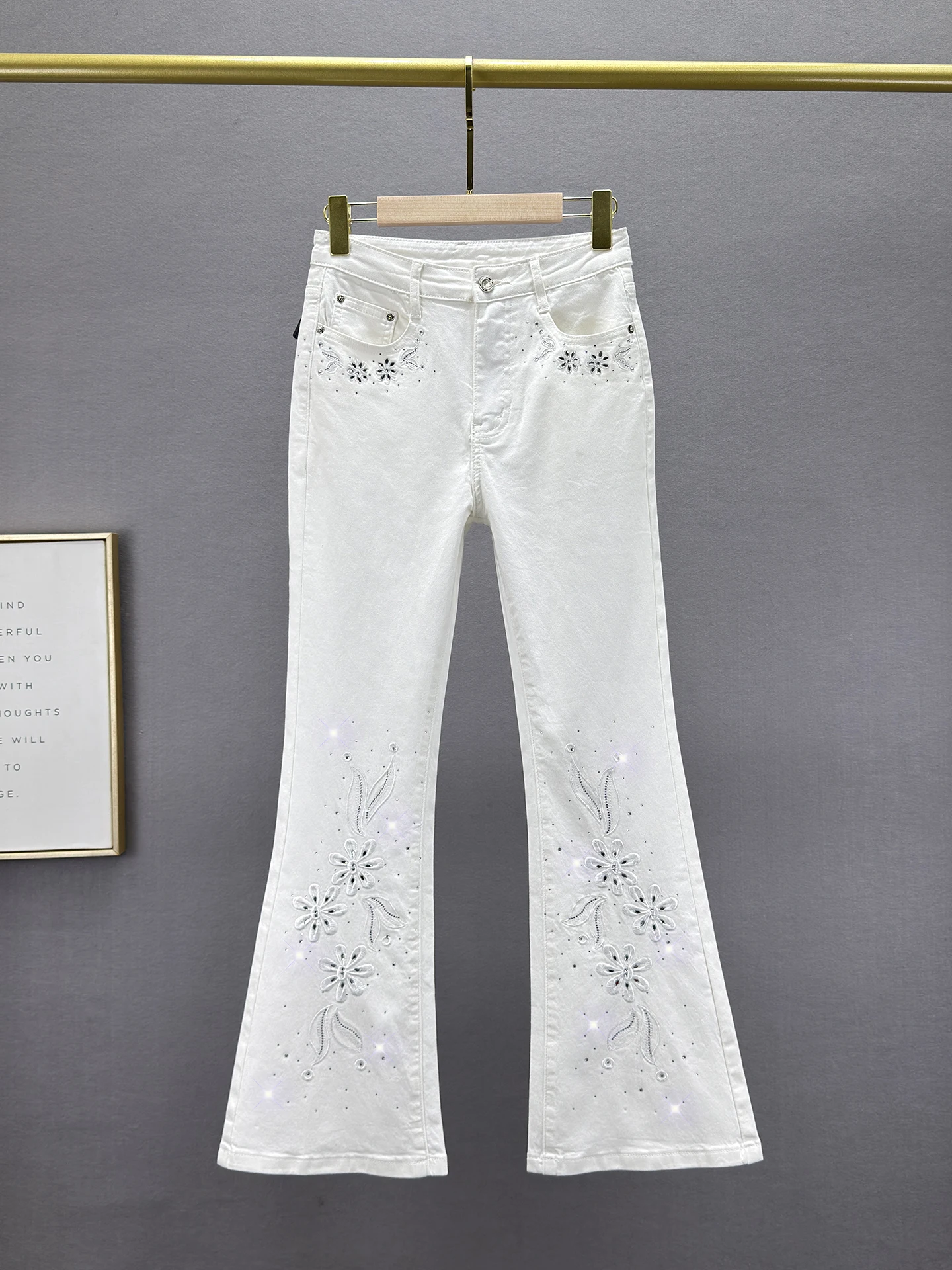 High Waist Slim Fit Retro Embroidered White Rhinestone Denim Bell Bottom Pants for Women Spring Summer New Style Casual Cotto...