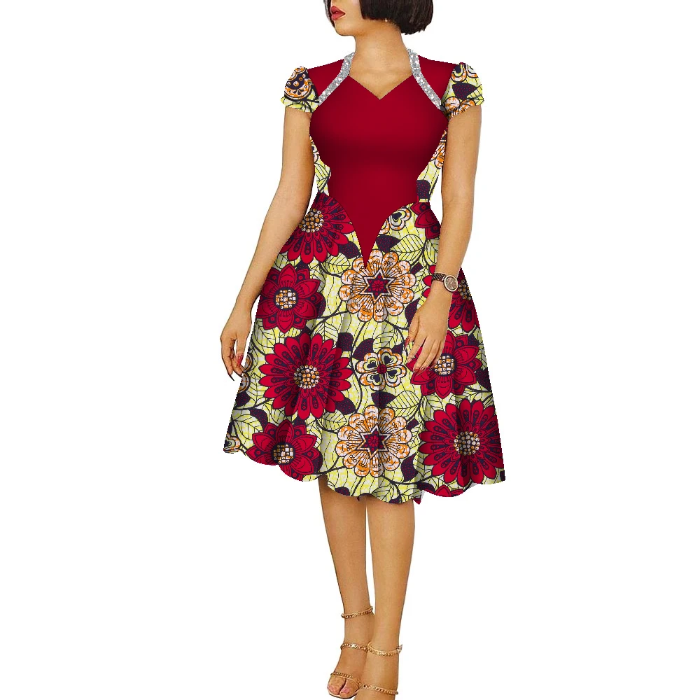African Dresses for Women Ankara Fashion Patchwork Knee Length Pleated Lady Dresses Vintage Maxi Women V-neck Dress WY9273
