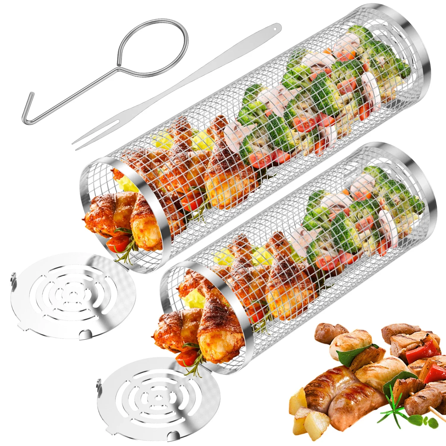 

Enhance Your Outdoor Grilling Experience with this Exceptional High-Quality Stainless Steel BBQ Grill Basket Set - Perfect for G