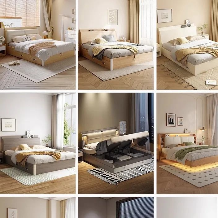 

Bedroom bed, modern, minimalist, board type, storage, with drawers, high box
