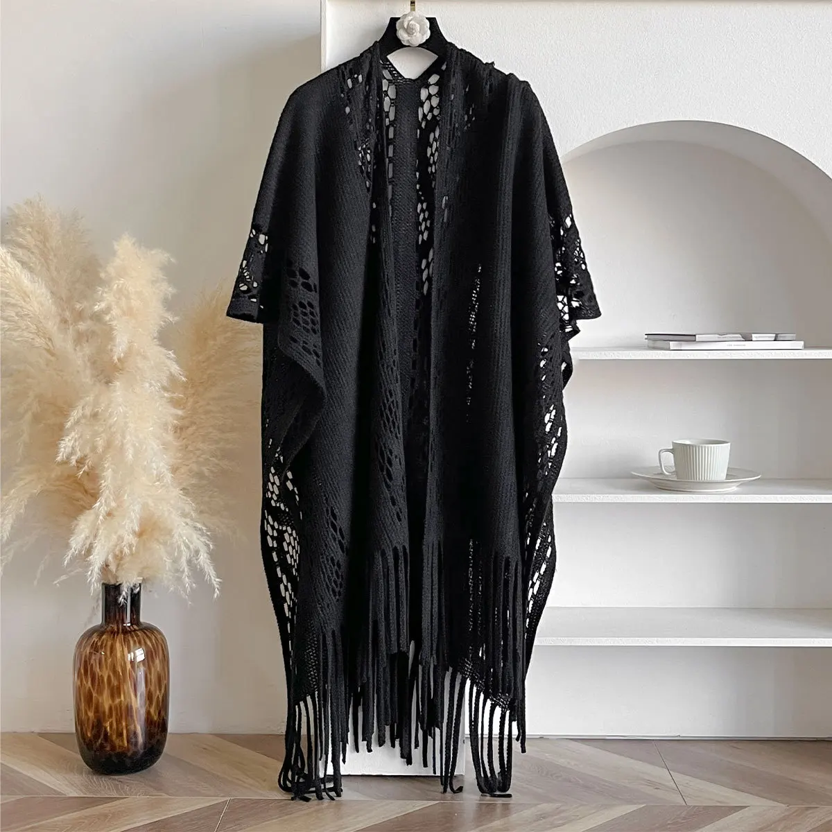 Women Hollow Knit Tassel Cape Wrap Shawl Solid Color Loose Oversized Bufanda Chal Casual Summer Outer Sun Protection Poncho