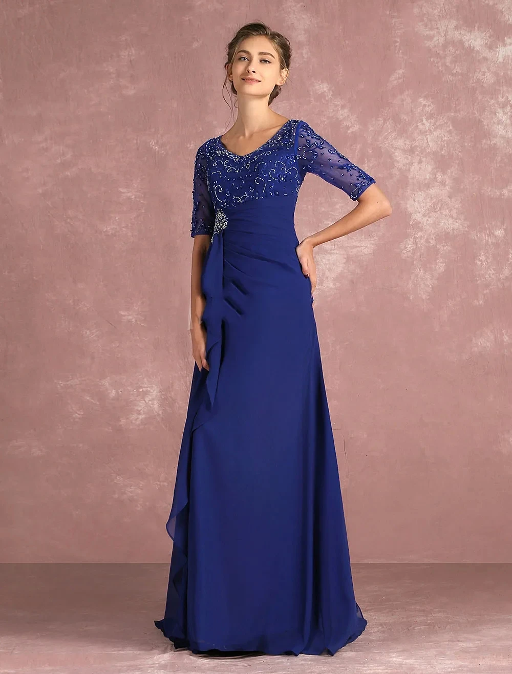 

2025 Elegant Royal Blue Mother of The Bride Dress Scoop Lace Sequins 1/2 Sleeve Chiffon Wedding Guest Party Gowns New