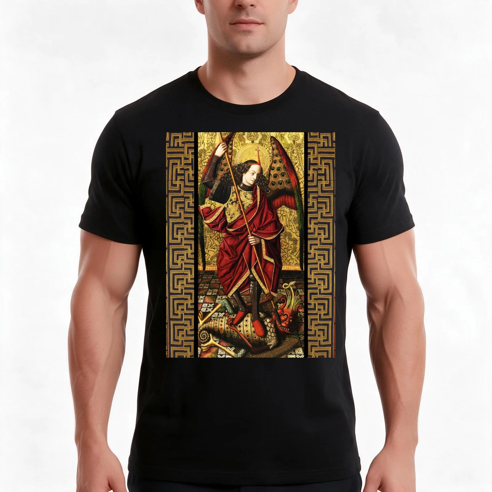St. Michael Archangel Defeating The Devil T-Shirt, Summer Casual Cotton Tee, Oversized Streetwear Tops, Vintage Graphic Print