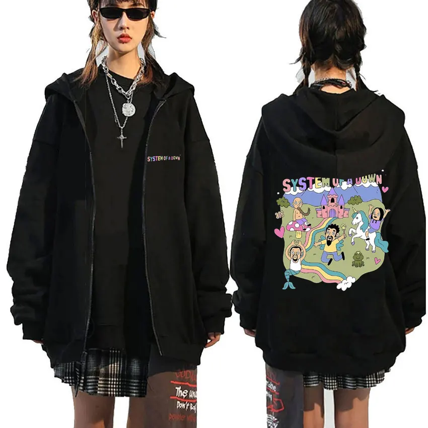 Sudadera con capucha con cremallera gráfica System of A Down para hombre y mujer, sudaderas con capucha con cremallera y gráfico de dibujos animados de banda de música Rock Vintage, chaqueta con cremallera para hombre