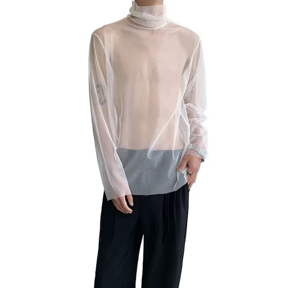 

Fashion See-through Transparent T-shirt High Collar Solid Color Long Sleeve T-shirt Streetwear Undershirt Mesh Top Men Nightclub